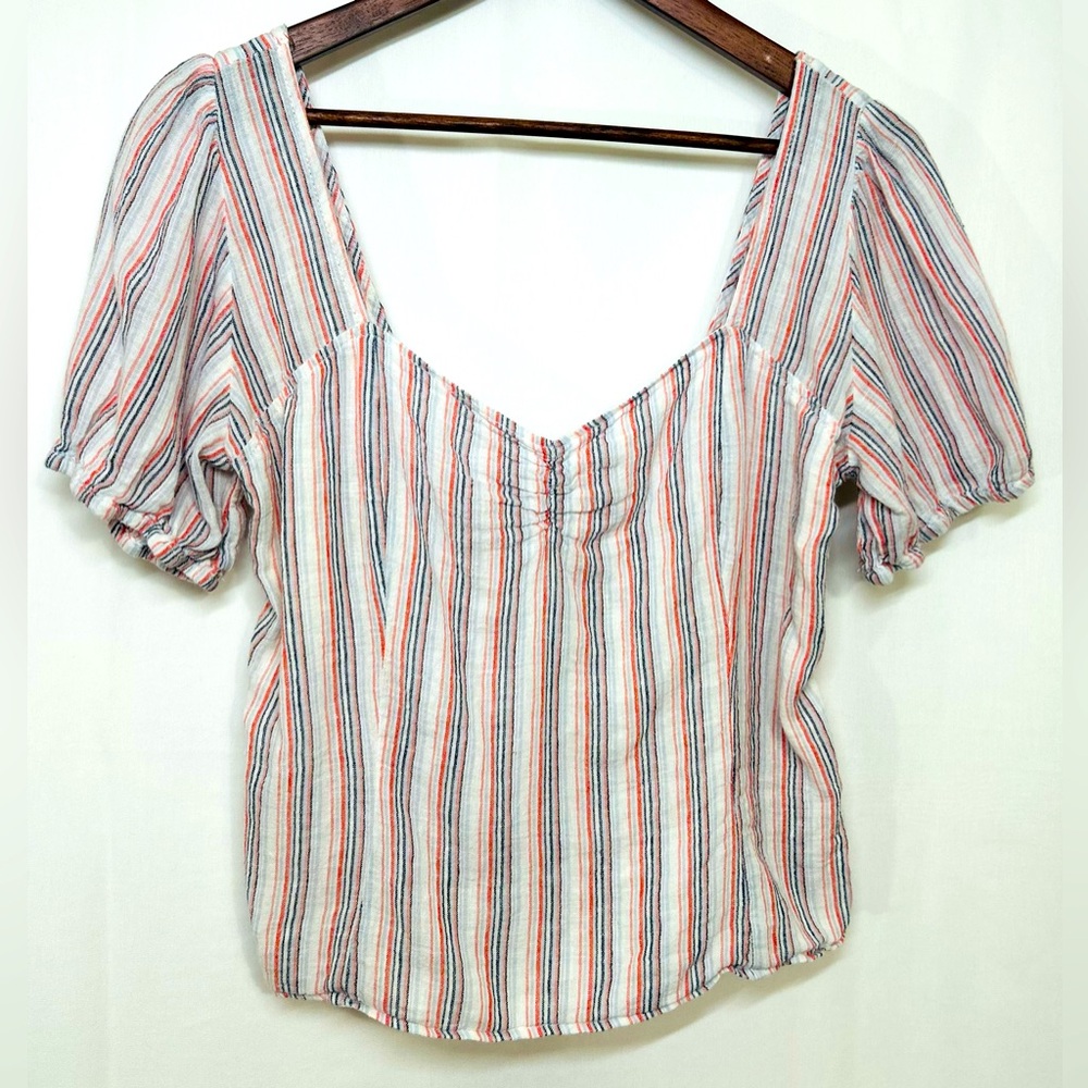 Sanctuary Linen Blend Striped Top Blouse Smocked Sweetheart Neck Puff Sleeve XL